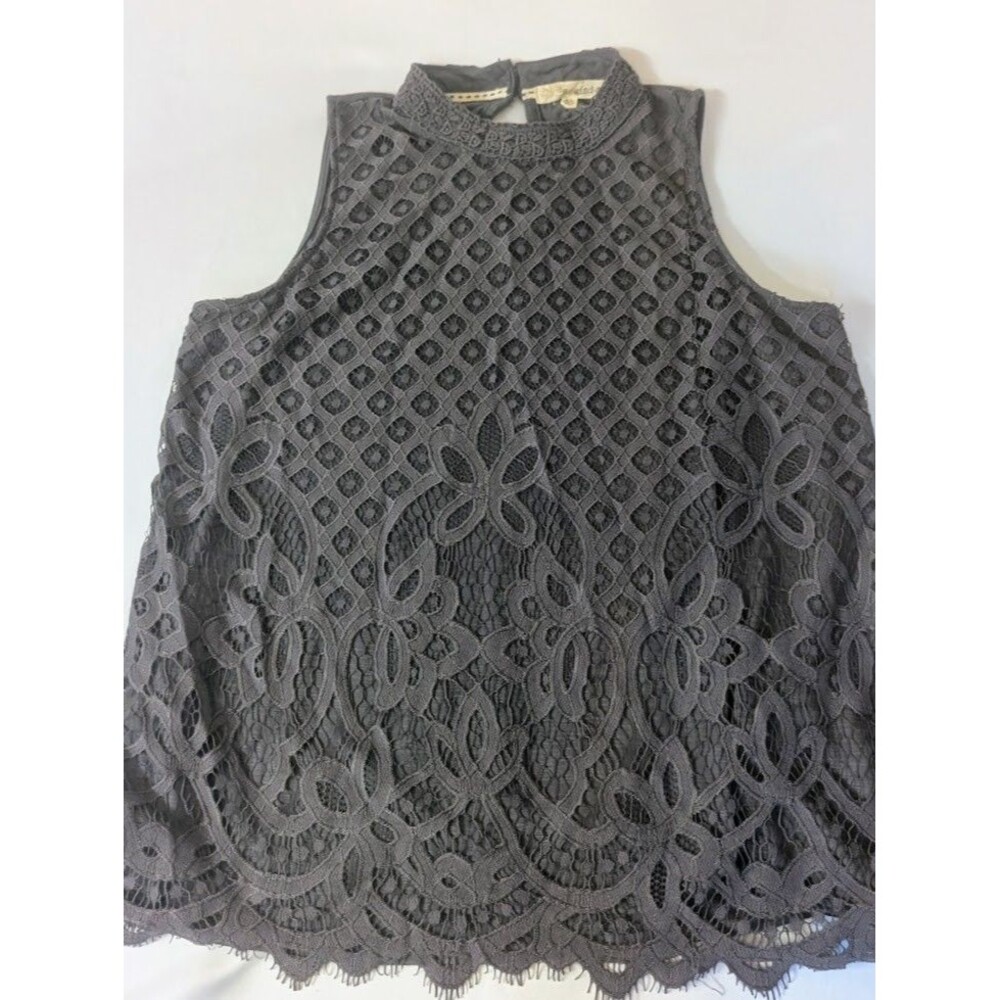 Rewind Womens XL Sleeveless Lace Top Gray High Neck Scallop Hem Boho Casual
